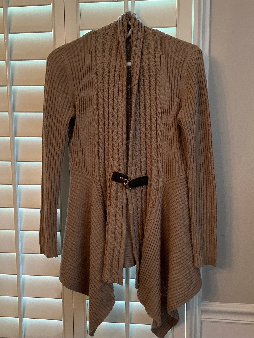 One A Taupe Open-Front Cable & Rib Knit Cardigan with Decorative Clasp